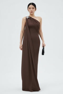 One-shoulder draped maxi dress in chocolate brown, twisted neckline and long drape