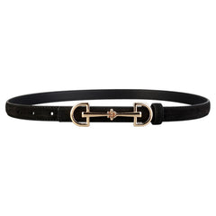 Black leather belt with gold-tone double ring buckle and stitched adjustment holes.