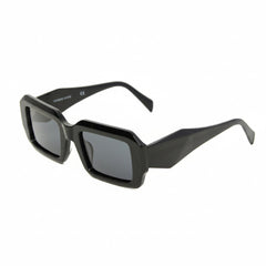 Black rectangular full-rim sunglasses with dark gray lenses and curved temples