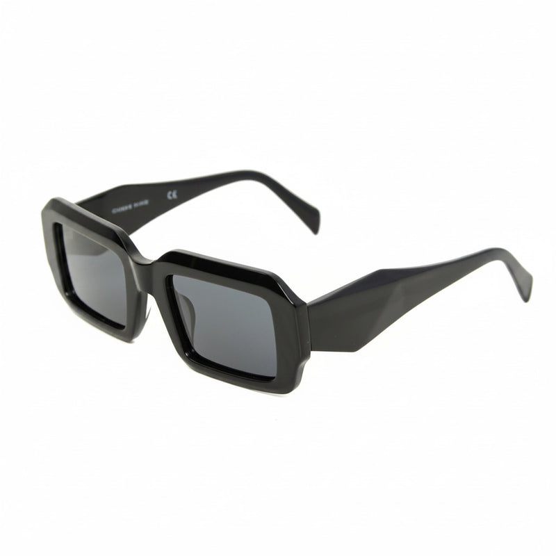 Black rectangular full-rim sunglasses with dark gray lenses and curved temples
