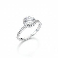 Round moissanite solitaire halo ring in sterling silver with pavé accents