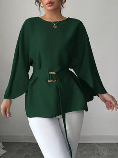 Dark green batwing-sleeve belted blouse with square buckle waist detail