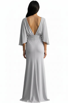 Silver ruched batwing-sleeve maxi dress, low open back design