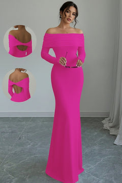 Fuchsia off-shoulder long sleeve maxi dress, fitted off-shoulder neckline and skirt.