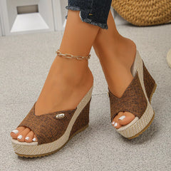 Peep-toe wedge sandals with brown fabric uppers and braided platform wedge heels