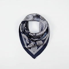 Printed silk square scarf with navy base and gray paisley pattern