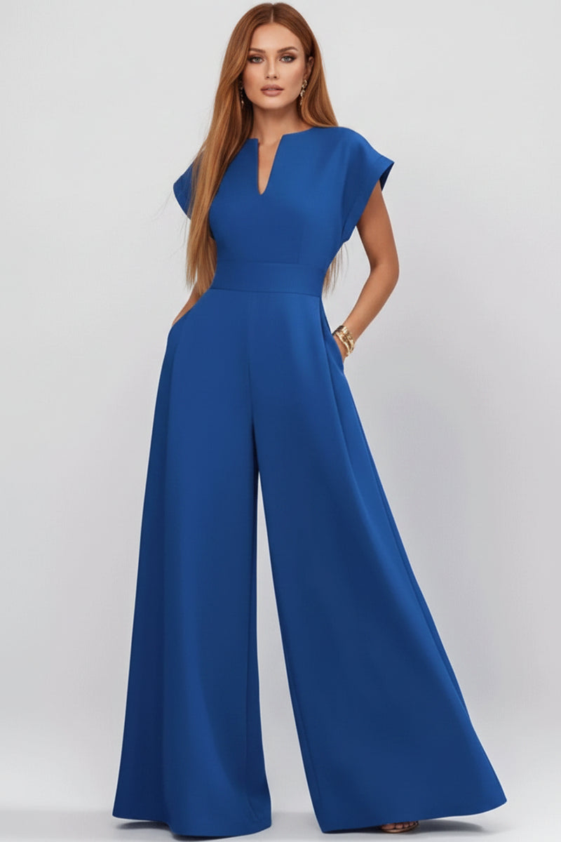 Navy blue plus size jumpsuit with notched V-neck and wide-leg pants, short sleeves.