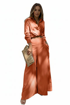 Rust orange long-sleeve shirt and wide-leg pants set with wrap-style top