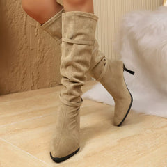 Khaki point-toe kitten heel boots with tall ruched shaft and side strap