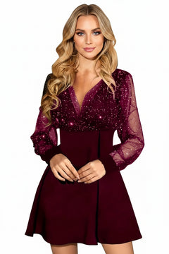 Wine red glitter mesh long-sleeve mini dress with V-neck and swing skirt