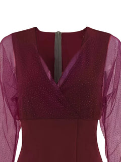 Wine red glitter mesh V-neck bodice with sheer long sleeves