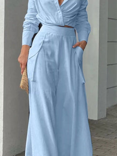 Light blue long-sleeve shirt and wide-leg pants set with tied waist detail