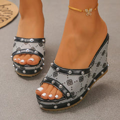 Peep toe wedge sandals with ankle strap, studded trim, and black-and-white pattern