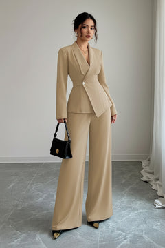 Beige one-button blazer and wide-leg pants set, full-body side view