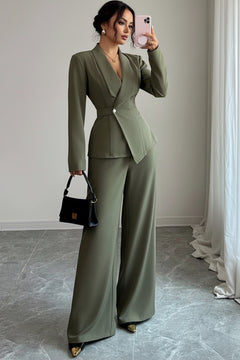 Olive one-button blazer and wide-leg pants set with notched lapel and gold button