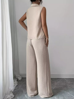 Beige sleeveless top and wide-leg pants set, back view of top and trousers