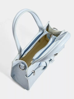 Light blue top-handle handbag with zip opening and buckle strap detail