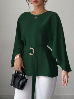 Dark green batwing blouse with loose bell sleeves and belted waist buckle