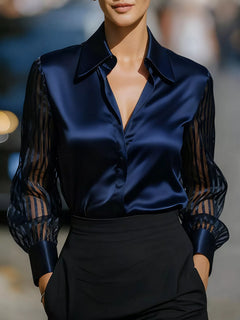 Navy satin collared button-up shirt with sheer striped sleeves