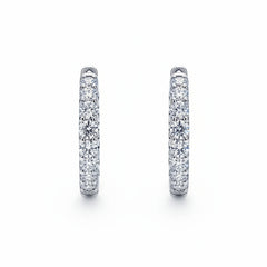 Sterling silver huggie hoop earrings, vertical view, with clustered moissanite stones