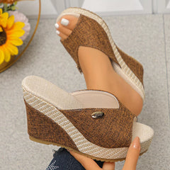 Peep-toe platform wedge sandals with brown fabric uppers and textured braided sole