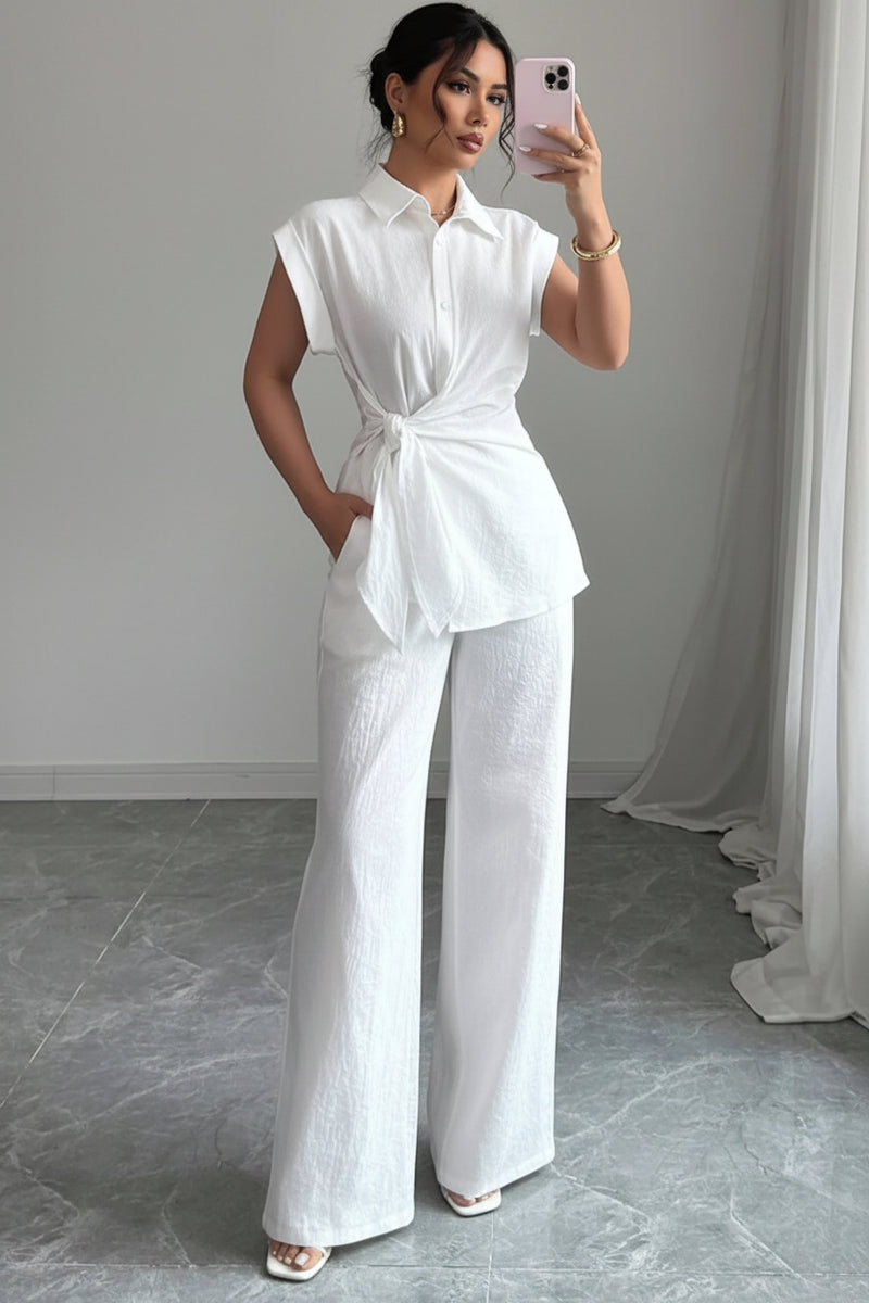Off-white collared cap-sleeve peplum top and wide-leg pants set, button-front