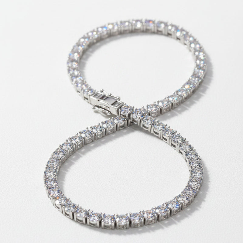 Silver moissanite bracelet with pavé round stones, curved with clasp detail