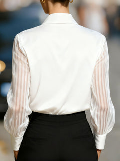 White back view collared button-up shirt with sheer striped sleeves