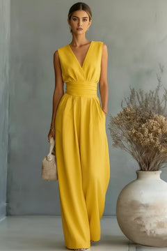 Yellow sleeveless wide-leg jumpsuit with V-neck and cinched waist