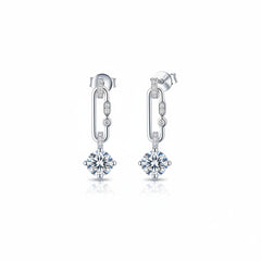 Silver moissanite drop stud earrings with hinged hoop and dangling round stone
