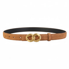 Brown adjustable belt with gold double-ring buckle and perforated adjustment holes