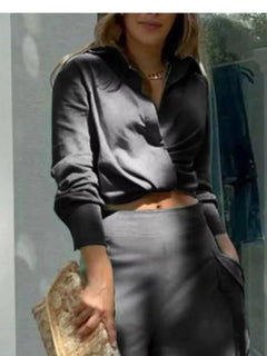 Long sleeve shirt and wide leg pants set in dark gray, button-front shirt and wide-leg trousers