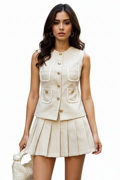 Beige tweed button-front vest and pleated mini skirt set with gold buttons