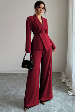 Burgundy one-button blazer and wide-leg pants set with notched lapel