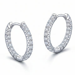 Sterling silver huggie hoop earrings with full row of round moissanite stones