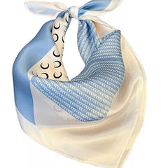 Light blue and cream printed silk square scarf with crescent moon motif and bow knot