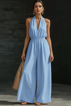 Sky blue halter-neck wide-leg jumpsuit with V-front and gathered waist