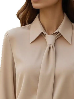 Beige collared long-sleeve blouse with neck tie detail