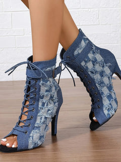 Peacock blue distressed denim lace-up peep-toe ankle boots, open toe and skinny heel