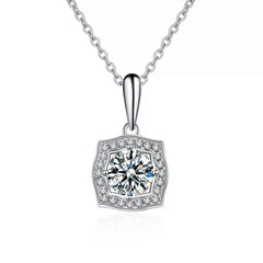 Sterling silver necklace with square-shaped moissanite halo pendant and teardrop bail