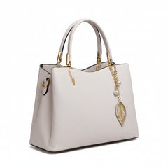 White leather top-handle handbag with pearl chain leaf charm and side hardware