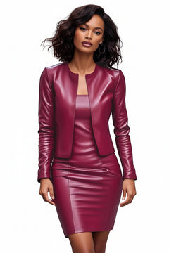 Burgundy leather open-front jacket and fitted dress set, front view