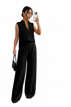 Black sleeveless V-neck top and wide-leg pants set, matching two-piece outfit