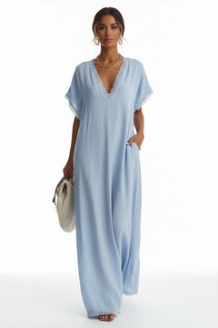 Sky blue lace-trim V-neck maxi dress with short sleeves and relaxed full-length cut
