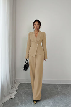 Beige one-button blazer and wide-leg pants set, full-body front view