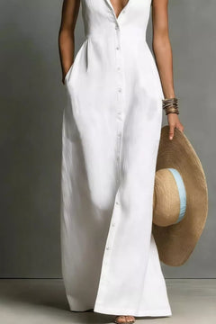 White sleeveless button-down maxi dress with front buttons and slim fit bodice