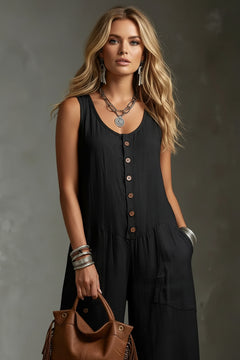 Black sleeveless button-front wide-leg jumpsuit with patch pockets