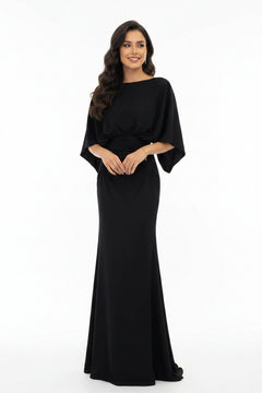 Black batwing-sleeve ruched maxi dress with gathered waist