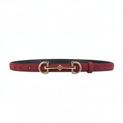 Red leather belt with gold-tone double ring buckle and stitched adjustment holes, flat lay.