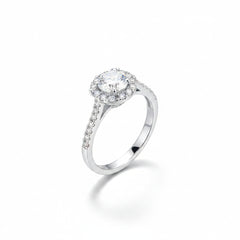 Sterling silver moissanite solitaire ring with halo pavé band